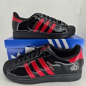 Adidas Superstar II Black Red Patent Leather Shell Toe Sneakers KJ3262 Mens 9.5
